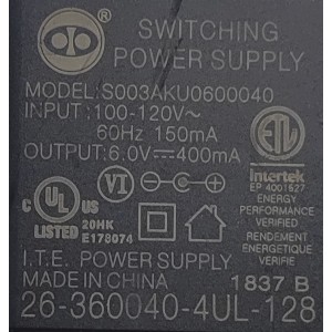 ADAPTADOR AC/DC SWITCHING / NUMERO DE PARTE S003AKU0600040 / 26-360040-4UL-128 / INPUT: 100-120V 60Hz 150mA / OUTPUT: 6.0V - 400mA	